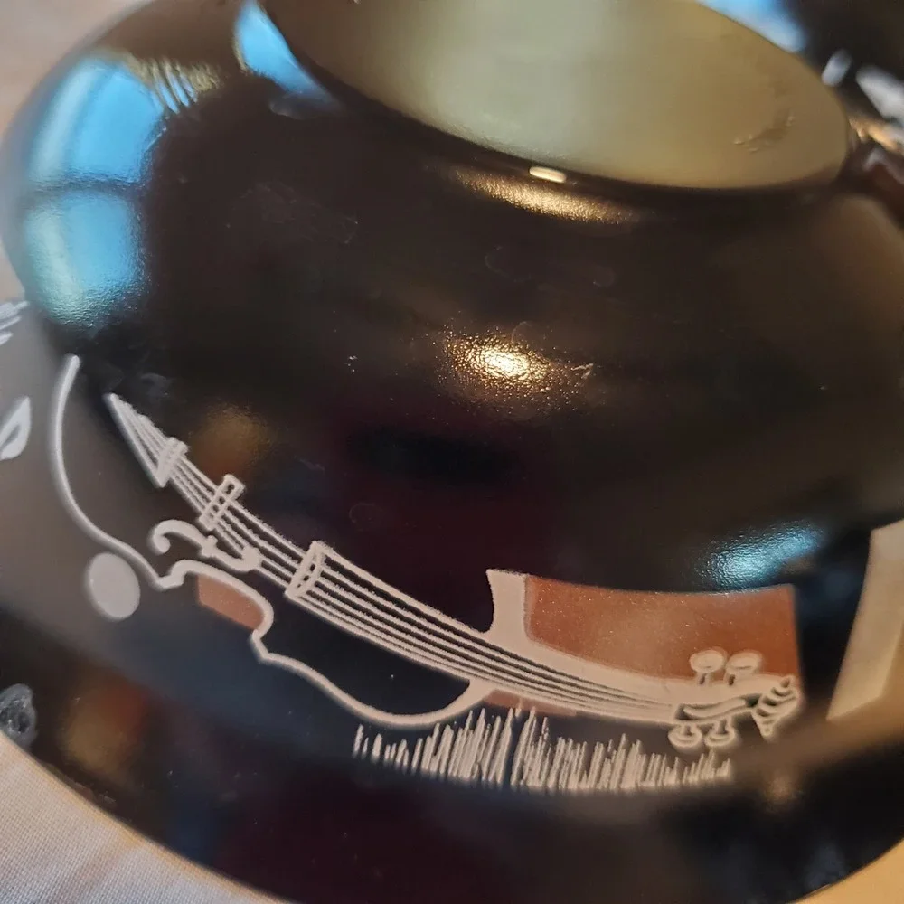 Arcoroc France Black Glass Musical Instrument Bowls Set of 4 Violin Harp Motif